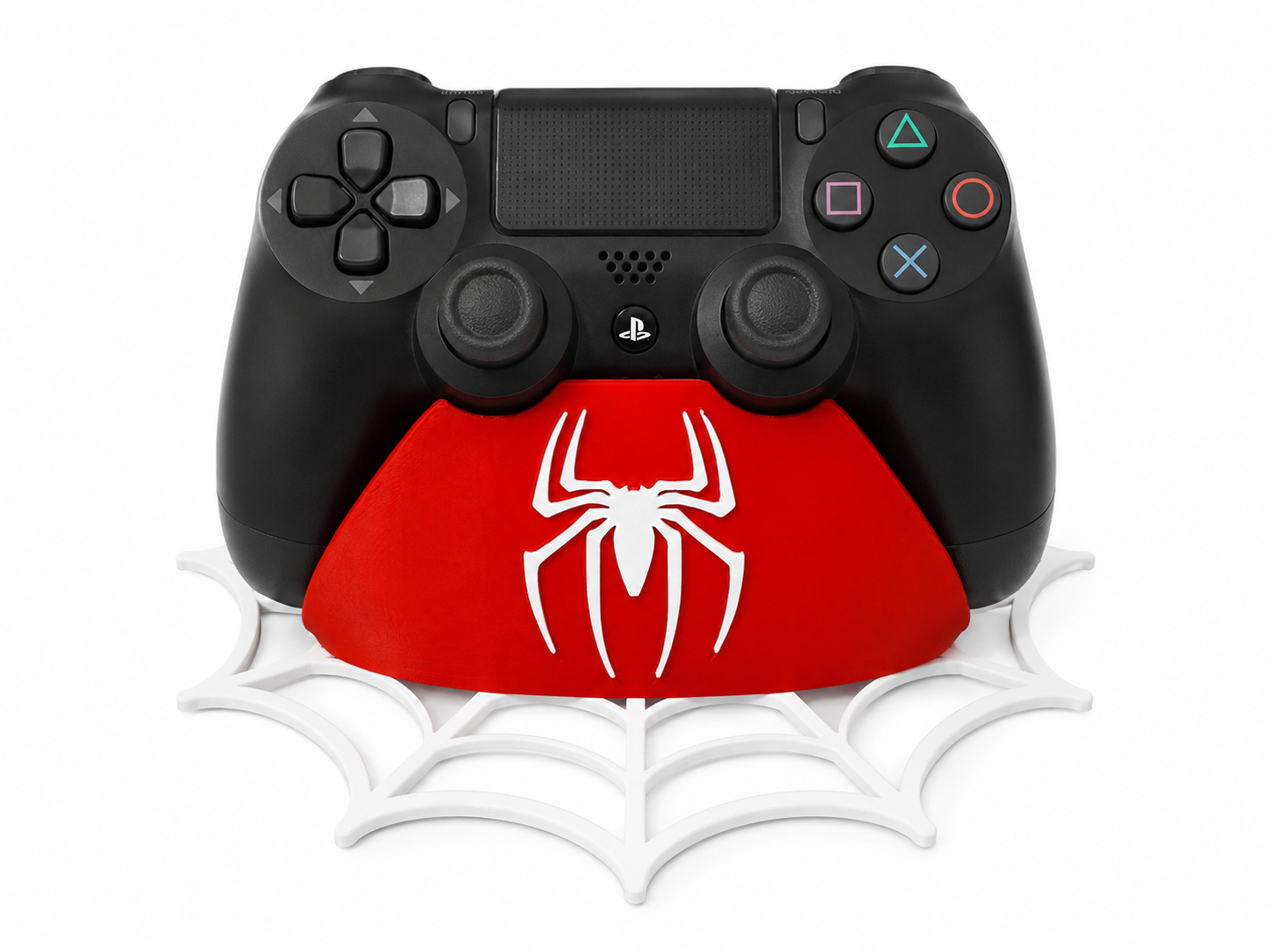 Supporto per controller PS4 DualShock 4 a tema Spider-Man con base rossa, ragno bianco e ragnatela decorativa