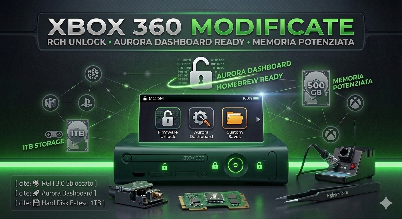 Xbox 360 Slim modificata RGH – console Microsoft con jailbreak Reset Glitch Hack